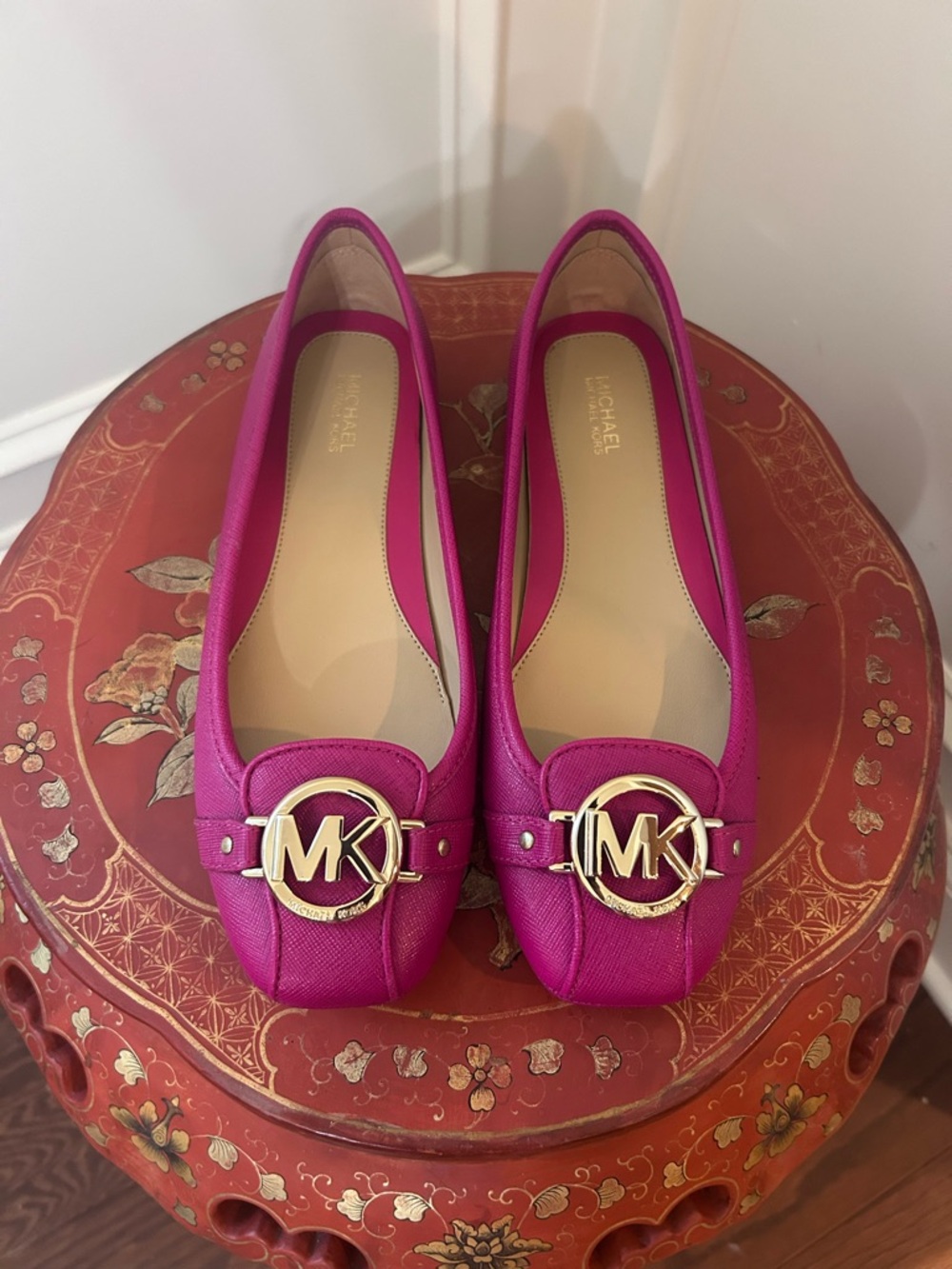 Michael Kors Magenta Fulton Moccasin Leather MK Logo Ballet Flats